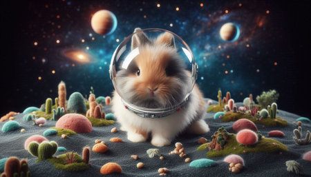 Cute little rabbit wearing astronaut helmet in space. 3d renderingの写真素材