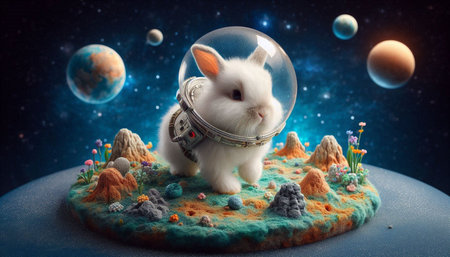 Cute little white rabbit with astronaut helmet on planet. 3D renderingの写真素材