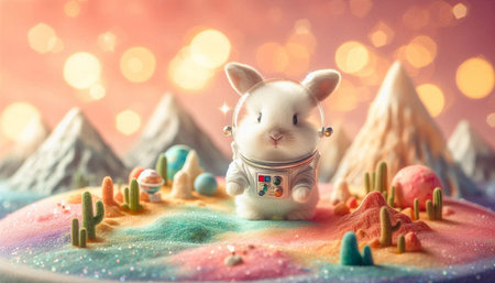 Easter bunny with colorful eggs on a background of snowy mountains.