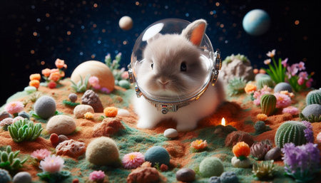 Cute little rabbit in astronaut helmet on planet with stars and planetsの写真素材