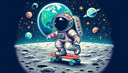 Astronaut rides a skateboard on the background of the moon. Vector illustration.の写真素材