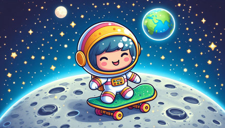 Cute little girl riding on skateboard on moon in space illustrationの写真素材