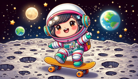 Cute little girl in astronaut suit riding a skateboard on the moonの写真素材