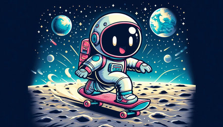 Illustration of a cute astronaut riding a skateboard on the moonの写真素材