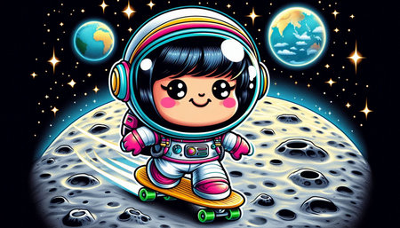 Cute little girl in astronaut costume riding a skateboard on the moon. Vector illustration.の写真素材