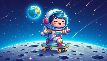 Cute little boy in astronaut costume riding a skateboard in outer space illustrationの写真素材