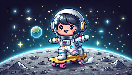 Cute cartoon astronaut girl riding skateboard on the moon. Vector illustration.の写真素材