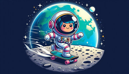 Cute cartoon astronaut riding a skateboard on the moon. Vector illustration.の写真素材