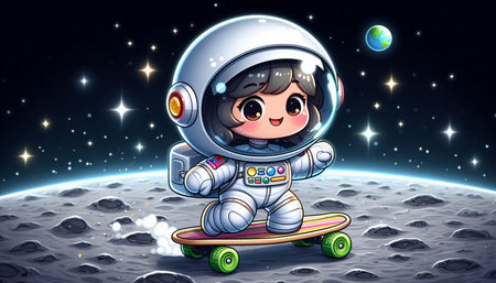Cute astronaut girl riding skateboard on the moon in space illustrationの写真素材
