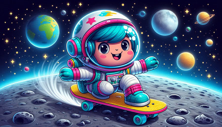 Cute astronaut girl riding a skateboard on the planet in spaceの写真素材