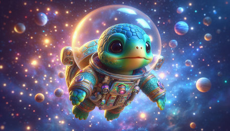 3d illustration of a cute alien in outer space with planets and stars