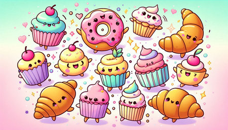 Cute cartoon bakery set with cupcake, donut, croissant and other sweets. Vector illustration.