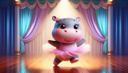 Cute hippo in ballet tutu dancing on stage in theaterの写真素材