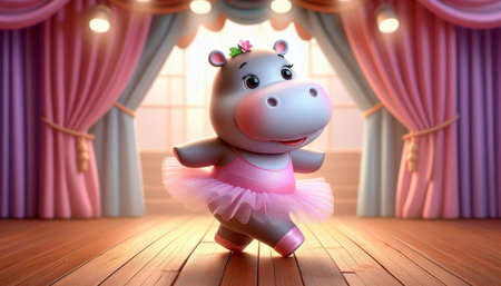 Cute hippo in ballet tutu on stage. 3D renderingの写真素材
