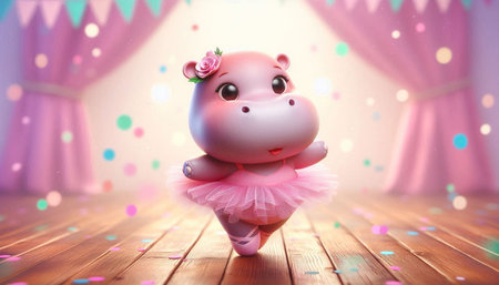 Cute hippopotamus in ballet tutu. 3d renderingの写真素材