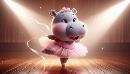 Cute hippo in ballet tutu with ribbon and spotlightsの写真素材