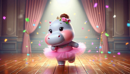 Cute hippo in ballet tutu with confetti on stageの写真素材