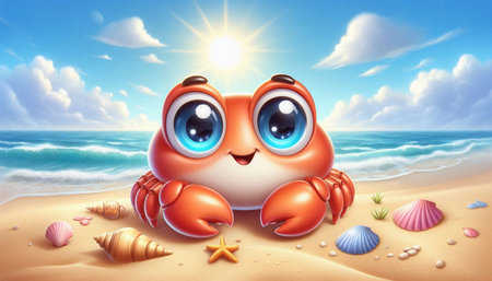 Cute cartoon crab on the beach in sunny day. 3d renderingの写真素材