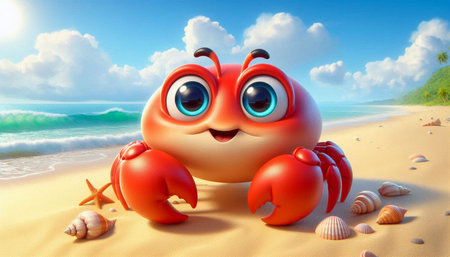 Cute cartoon crab on the beach. 3d render illustration.の写真素材
