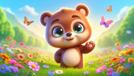 Cute cartoon bear on meadow with flowers and butterflies - 3d illustrationの写真素材