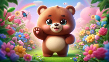 3d rendering of a cute bear in the garden with rainbow backgroundの写真素材