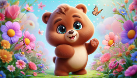 3d illustration of a cute bear sitting in a flower meadowの写真素材