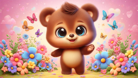 Cute cartoon bear with colorful flowers and butterflies on pink background.の写真素材