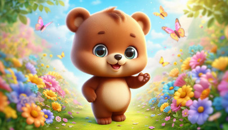 3d illustration of cute little bear in the field of flowers.の写真素材