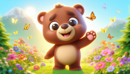 cute cartoon bear in the meadow with butterflies - 3d illustrationの写真素材
