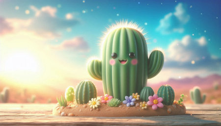Cactus with flowers and cake on wooden table, 3d renderの写真素材