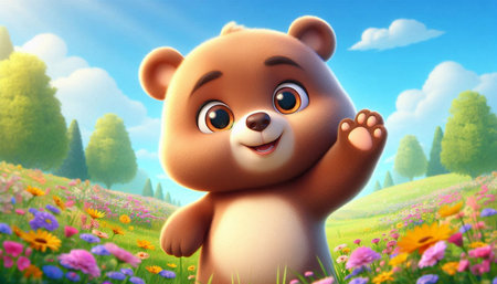cute cartoon bear on meadow with flowers - illustration for childrenの写真素材