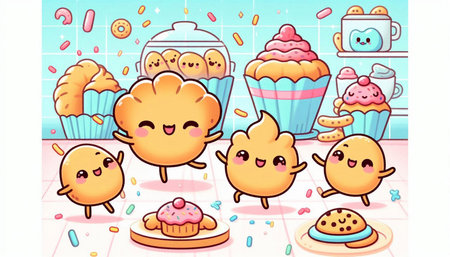 Cute Cartoon Bakery Characters with Muffins and Cupcakesの写真素材