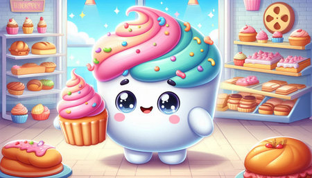 Cute unicorn in bakery shop. Vector cartoon illustration of a cute unicorn in a bakery.の写真素材