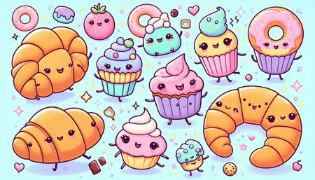 Cute cartoon croissant, cupcake, donut, macaroon, croissant, croissant.の写真素材