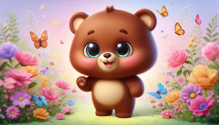 cute cartoon bear in the meadow with flowers, butterflies and butterflies