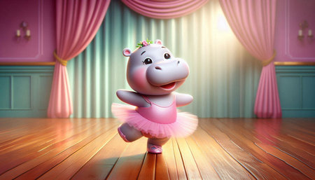 Cute hippo in ballet tutu dancing in a room with pink curtainsの写真素材