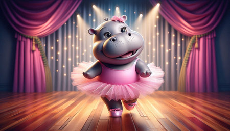 3D illustration of a hippo in a pink tutu dancing on stageの写真素材