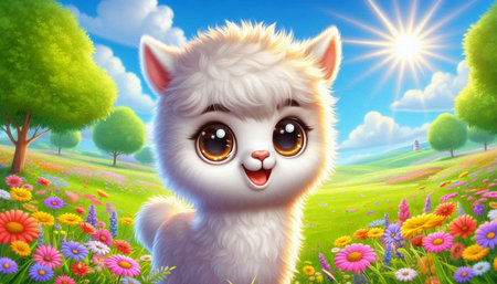 Cute kawaii alpaca in meadow with flowersの写真素材