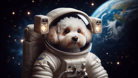 Cute dog in astronaut suit against the background of the planet.の写真素材