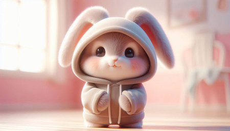 Cute little bunny toy on the floor, soft focus background.