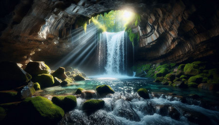 Beautiful waterfall in the cave with sunbeams. 3d renderingの写真素材