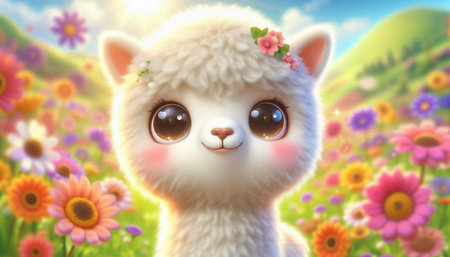 Cute alpaca with flowers in the meadow - 3d illustrationの写真素材