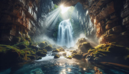 3d render of waterfall in the forest with sun ray and rocksの写真素材