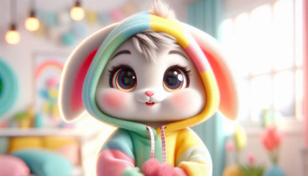 Cute kawaii bunny doll in children room, closeup