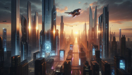 Futuristic city landscape with skyscrapers and buildings. 3d renderingの写真素材