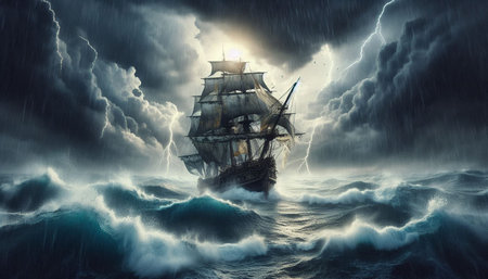 Pirate ship sailing in stormy sea. 3D illustration.の写真素材