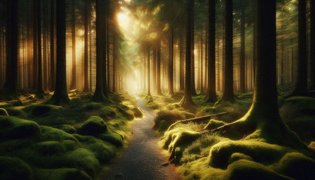 Mysterious dark forest with a path going through it. 3D rendering