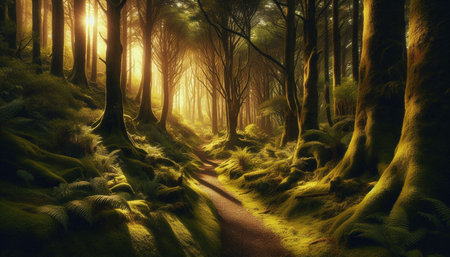 Hiking trail in a mysterious forest at sunset. 3D Renderingの写真素材