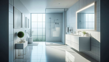 3d rendering of modern bathroom with white tiled floor and white bathtub