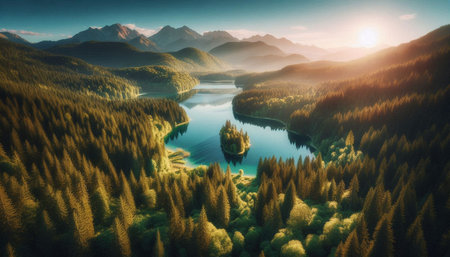 Aerial view of beautiful mountain lake at sunrise. Nature composition.